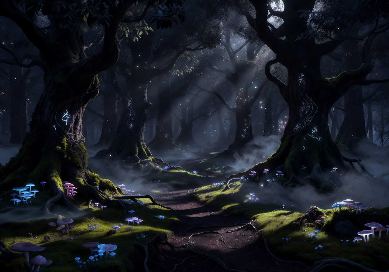 Dark magical forest representing the company vision