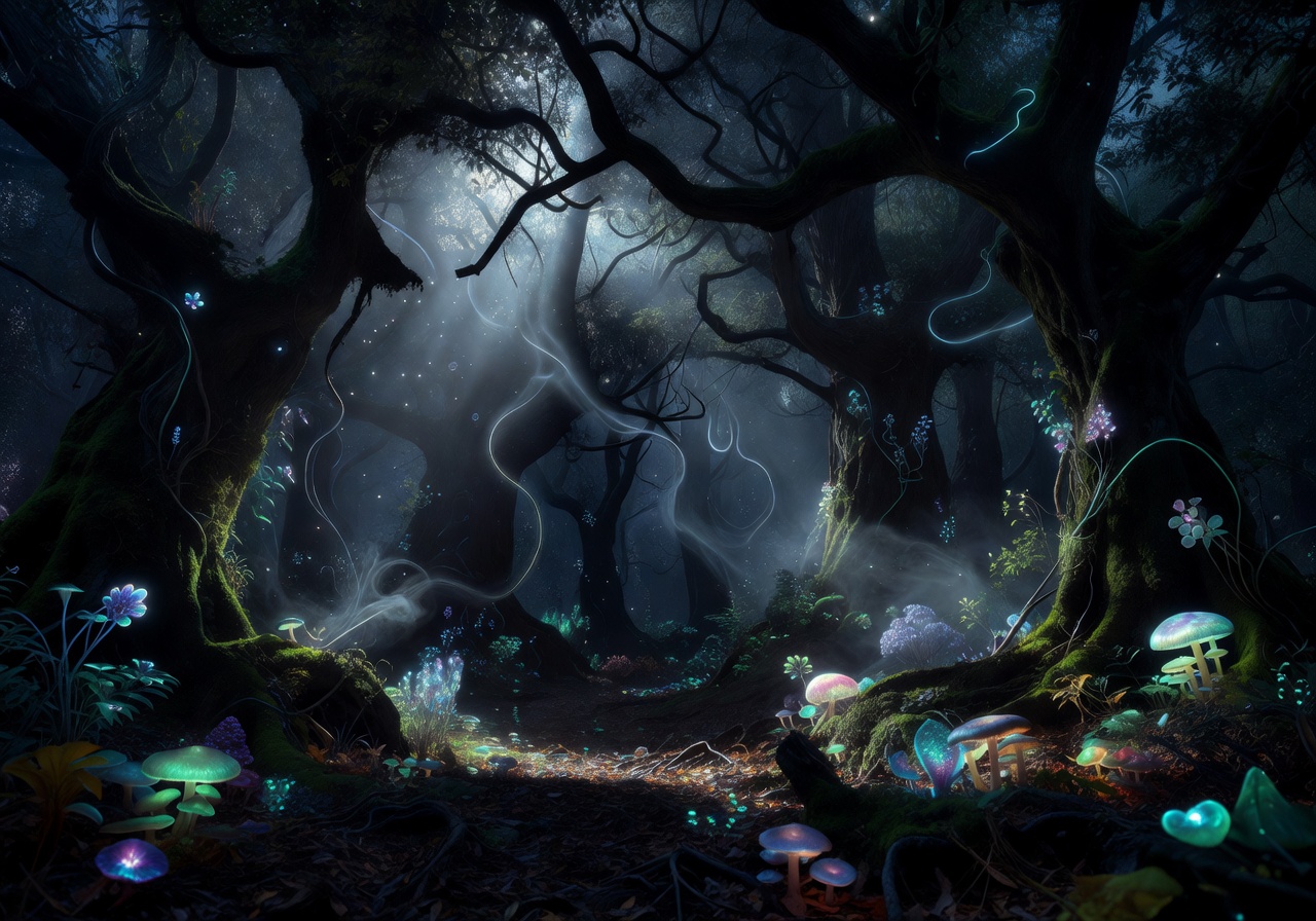 Mystical glowing shadow forest environment